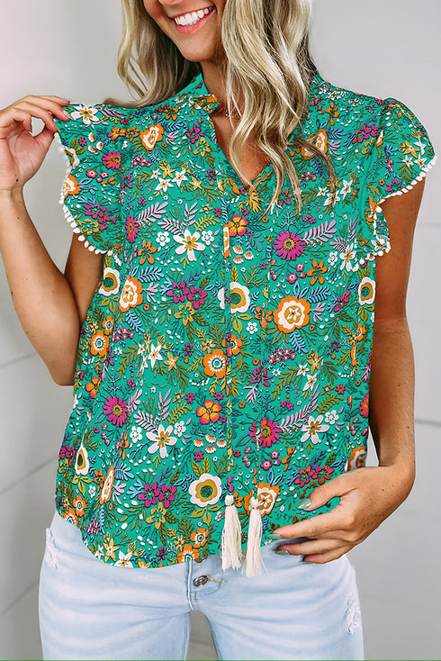 Lace Trim Flutter Sleeve Tropical Floral Blouse
