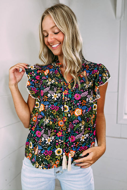 Lace Trim Flutter Sleeve Tropical Floral Blouse