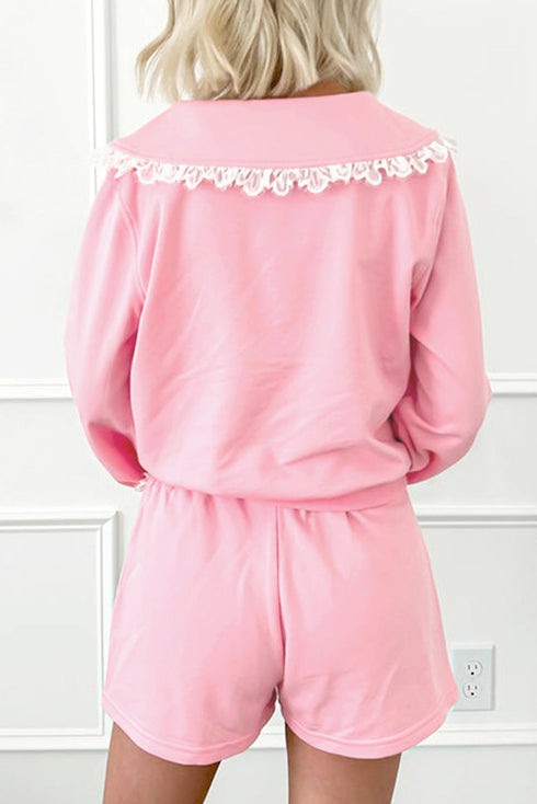 Lace Trim Peter Pan Sweatshirt Skirt Two Piece Dress