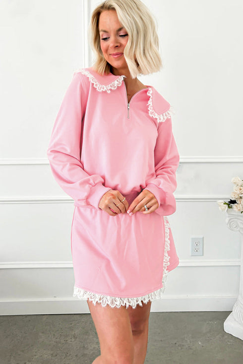 Lace Trim Peter Pan Sweatshirt Skirt Two Piece Dress