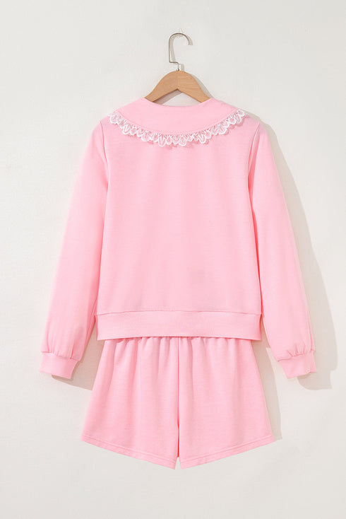 Lace Trim Peter Pan Sweatshirt Skirt Two Piece Dress