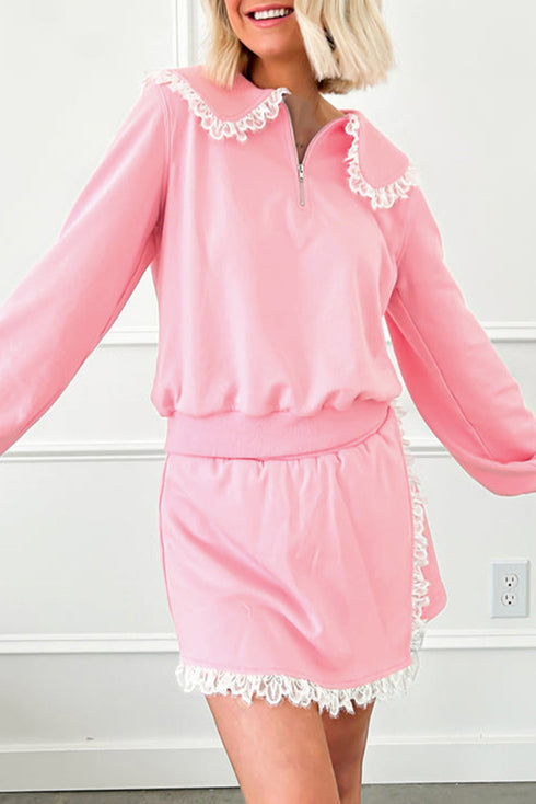 Lace Trim Peter Pan Sweatshirt Skirt Two Piece Dress