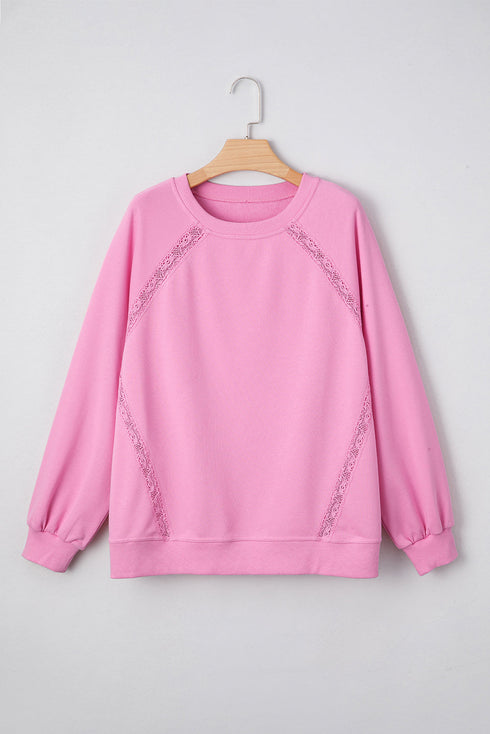 Lace Trim Raglan Sleeve Crew Neck Pullover Sweatshirt