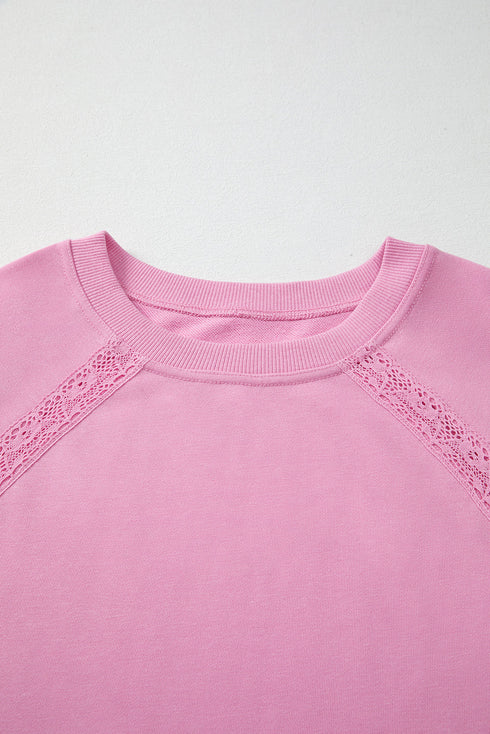 Lace Trim Raglan Sleeve Crew Neck Pullover Sweatshirt