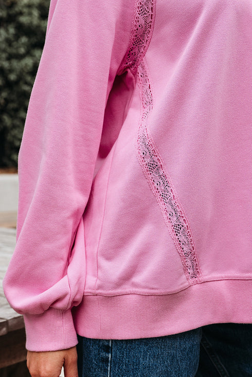 Lace Trim Raglan Sleeve Crew Neck Pullover Sweatshirt