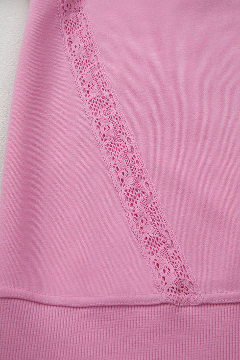 Lace Trim Raglan Sleeve Crew Neck Pullover Sweatshirt
