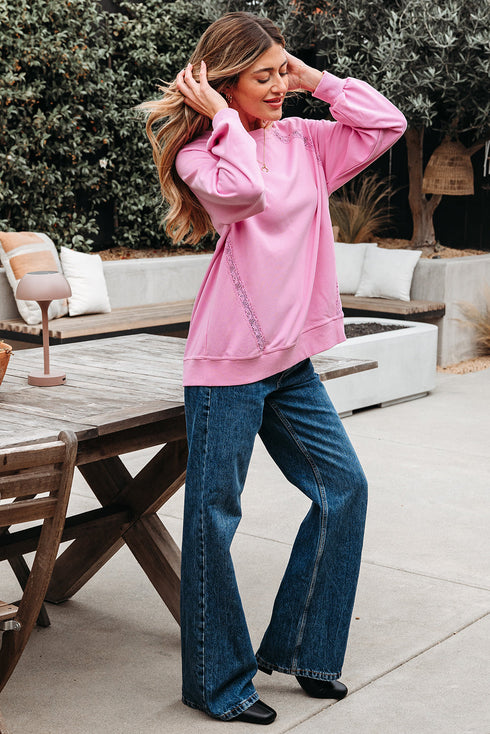 Lace Trim Raglan Sleeve Crew Neck Pullover Sweatshirt