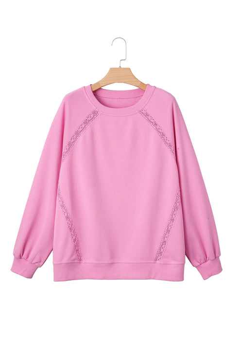 Lace Trim Raglan Sleeve Crew Neck Pullover Sweatshirt