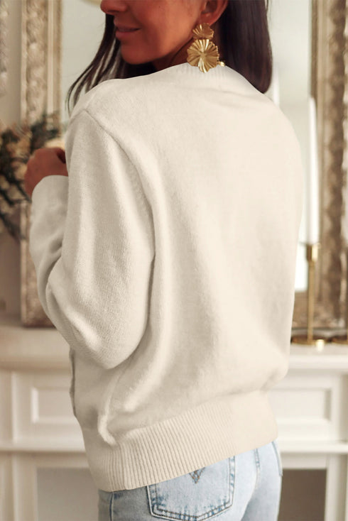 Lace Trim Ribbed Round Neck Button Up Cardigan