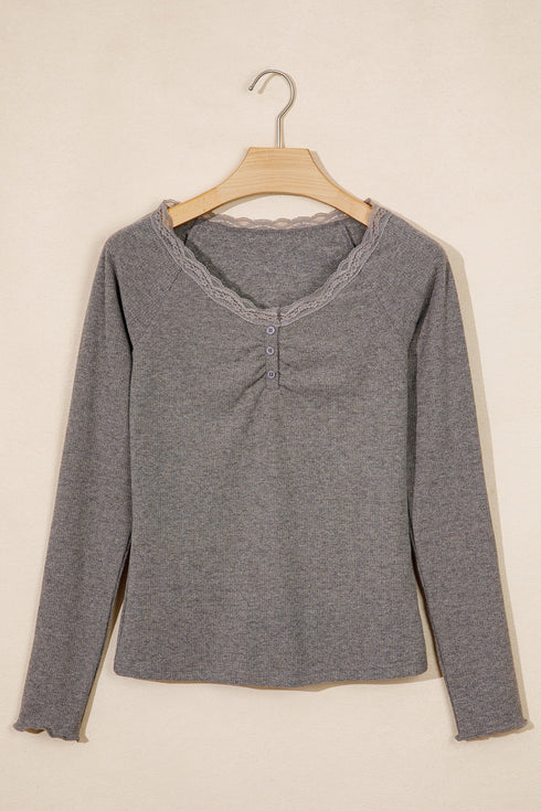 Lace Trim Ribbed V Neck Button Detail Long Sleeve Top