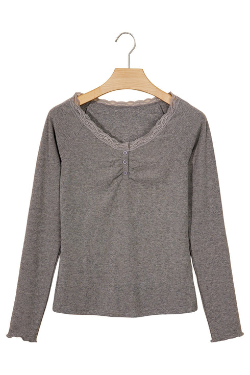 Lace Trim Ribbed V Neck Button Detail Long Sleeve Top