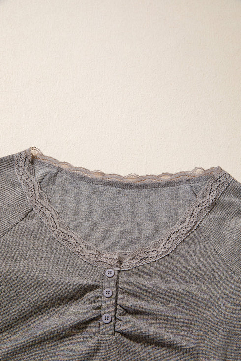 Lace Trim Ribbed V Neck Button Detail Long Sleeve Top