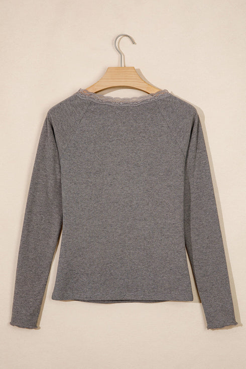 Lace Trim Ribbed V Neck Button Detail Long Sleeve Top
