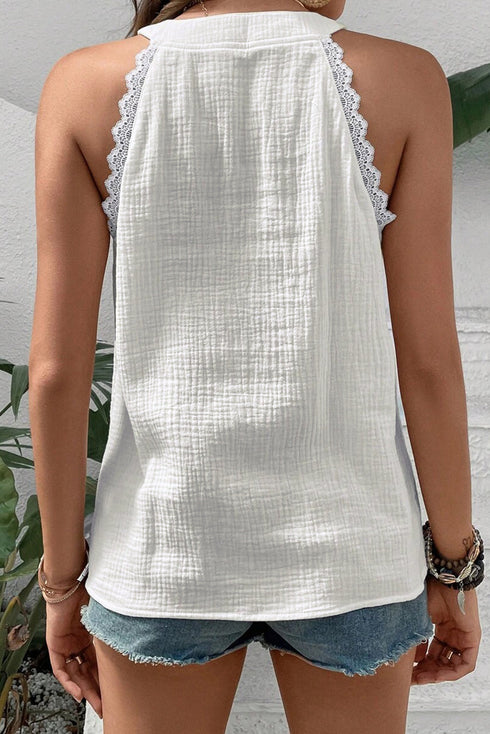 Lace Trim Split Neck Crinkled Woven Tank Top