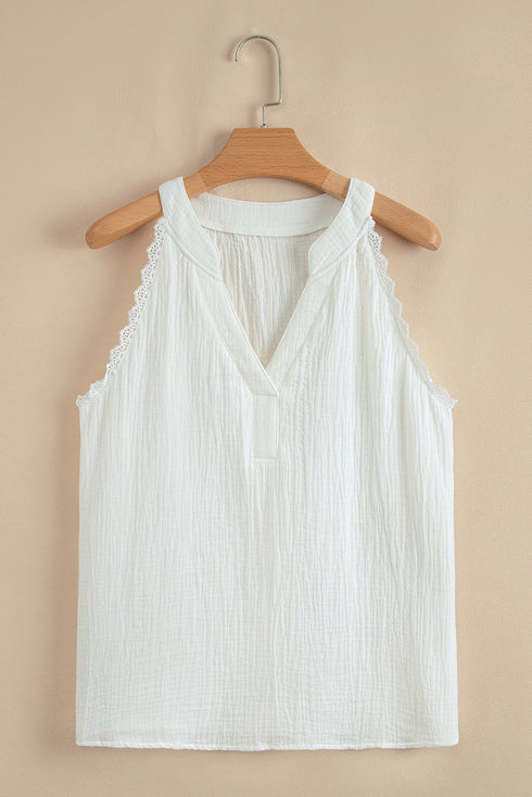 Lace Trim Split Neck Crinkled Woven Tank Top