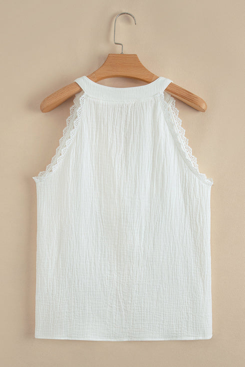 Lace Trim Split Neck Crinkled Woven Tank Top