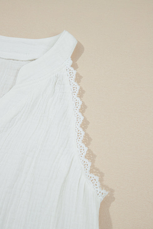 Lace Trim Split Neck Crinkled Woven Tank Top
