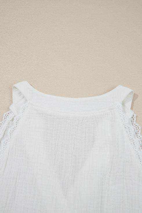 Lace Trim Split Neck Crinkled Woven Tank Top