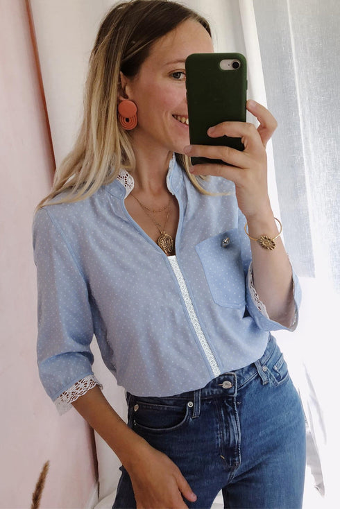 Lace Trim Swiss Dot Button Front Collared Blouse