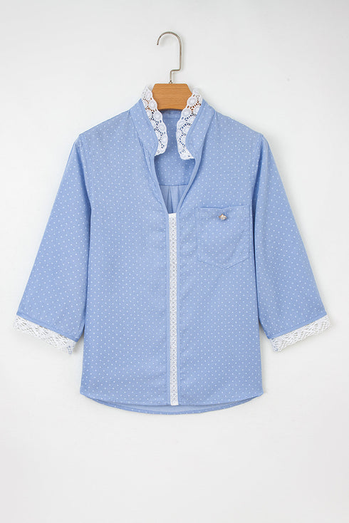 Lace Trim Swiss Dot Patchwork Collared Button Down Blouse