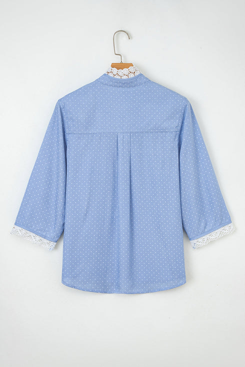 Lace Trim Swiss Dot Patchwork Collared Button Down Blouse