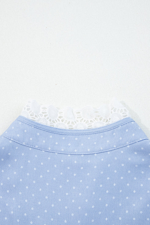 Lace Trim Swiss Dot Patchwork Collared Button Down Blouse