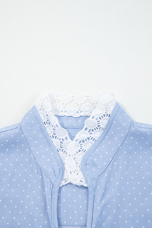 Lace Trim Swiss Dot Patchwork Collared Button Down Blouse