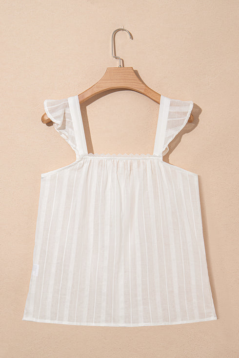 Lace Trim Textured Button Front Sleeveless Woven Top