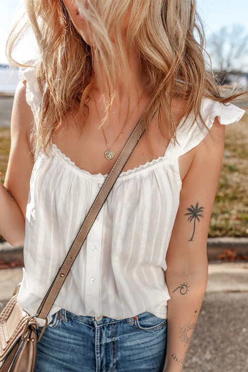 Lace Trim Textured Button Front Sleeveless Woven Top