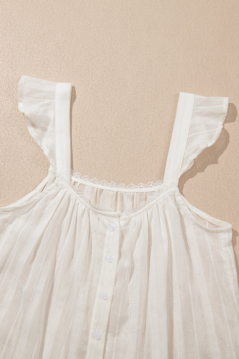 Lace Trim Textured Button Front Sleeveless Woven Top