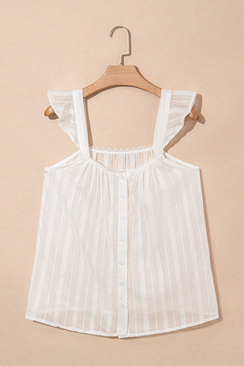 Lace Trim Textured Button Front Sleeveless Woven Top