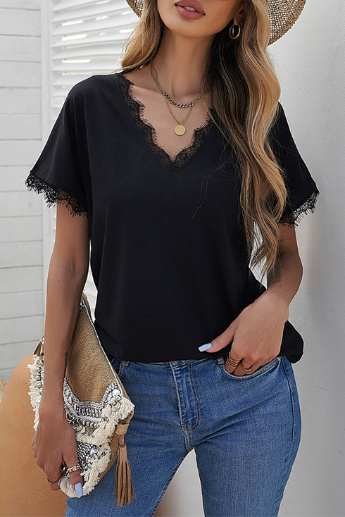 Lace Trim V Neck Short Sleeve Knit Top
