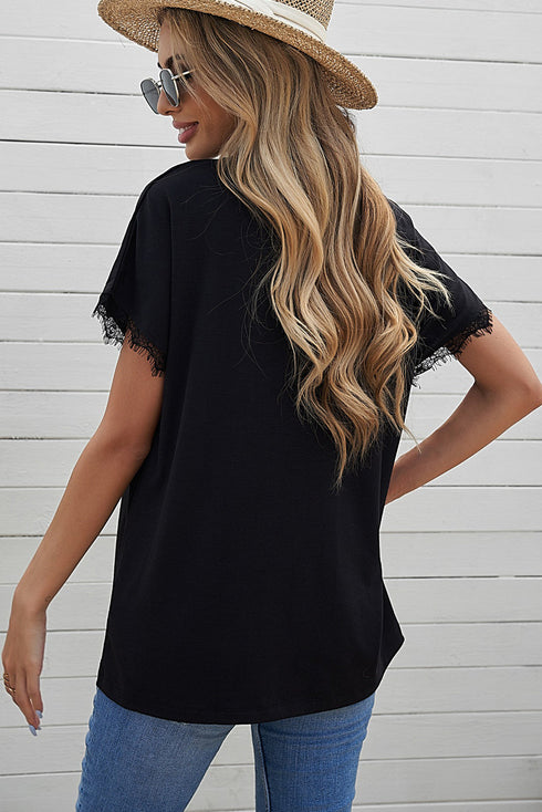 Lace Trim V Neck Short Sleeve Knit Top