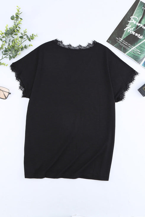Lace Trim V Neck Short Sleeve Knit Top
