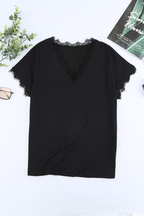 Lace Trim V Neck Short Sleeve Knit Top