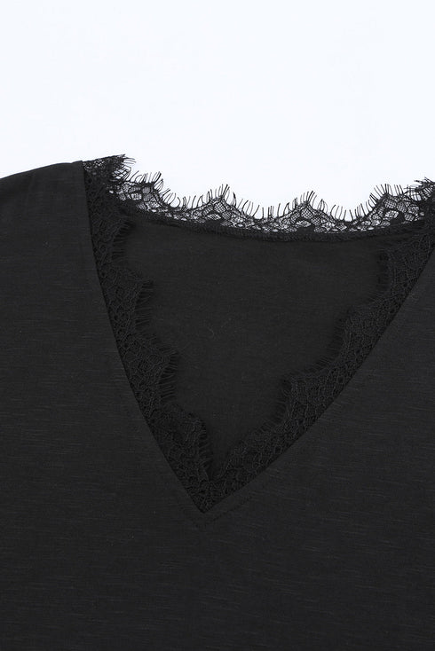 Lace Trim V Neck Short Sleeve Knit Top