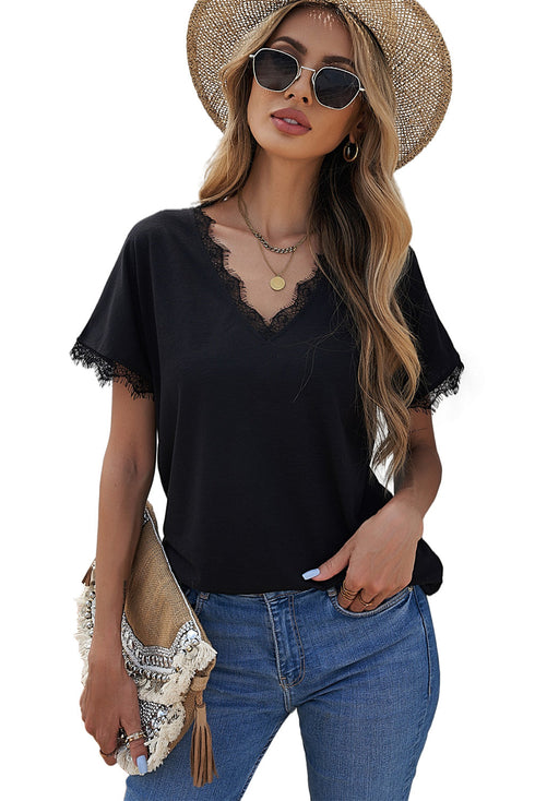 Lace Trim V Neck Short Sleeve Knit Top