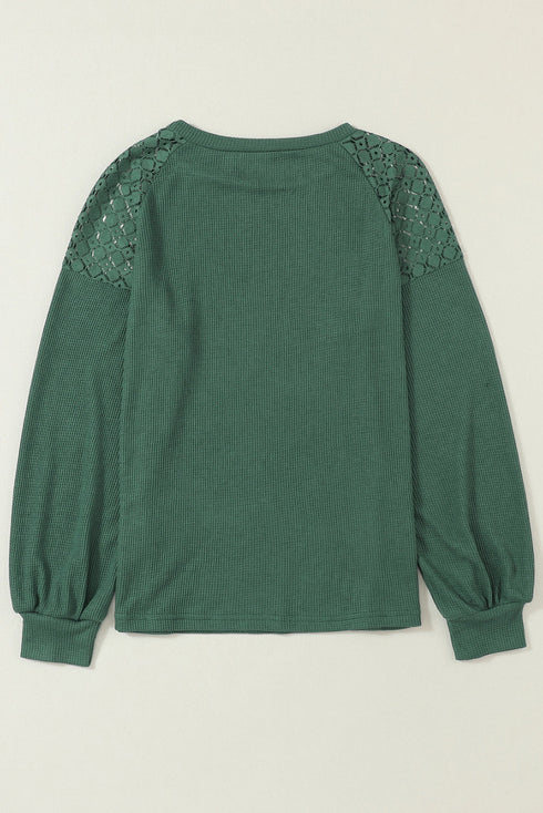 Lace Trim Waffle Knit Long Sleeve Relaxed Pullover