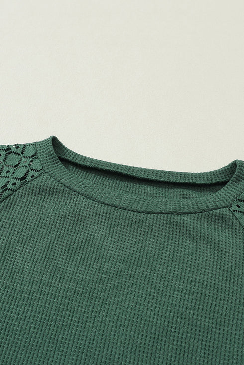 Lace Trim Waffle Knit Long Sleeve Relaxed Pullover