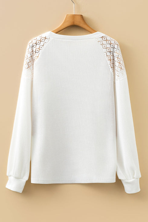 Lace Trim Waffle Knit Long Sleeve Relaxed Pullover