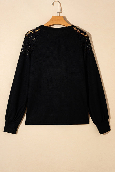 Lace Trim Waffle Knit Long Sleeve Relaxed Pullover