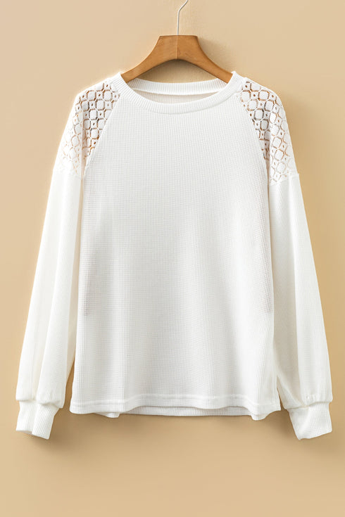 Lace Trim Waffle Knit Long Sleeve Relaxed Pullover