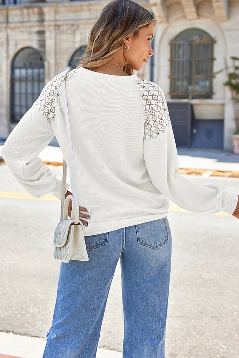 Lace Trim Waffle Knit Long Sleeve Relaxed Pullover