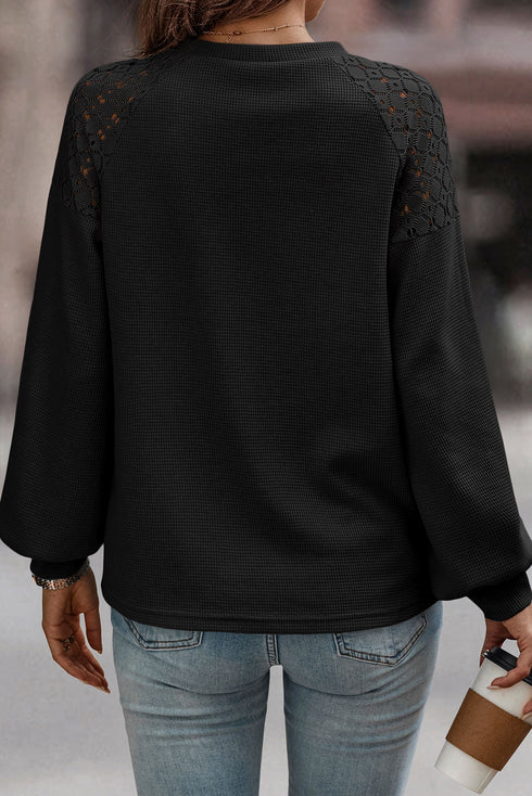 Lace Trim Waffle Knit Long Sleeve Relaxed Pullover