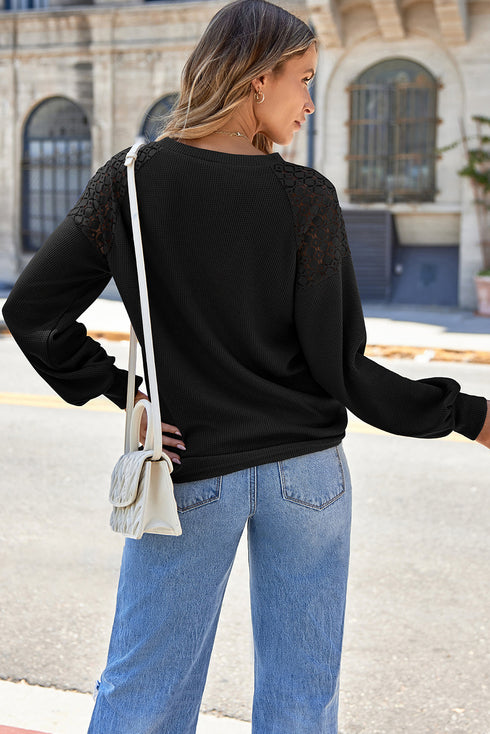 Lace Trim Waffle Knit Long Sleeve Relaxed Pullover