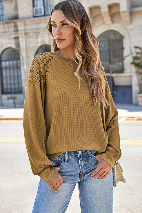 Lace Trim Waffle Knit Long Sleeve Relaxed Pullover