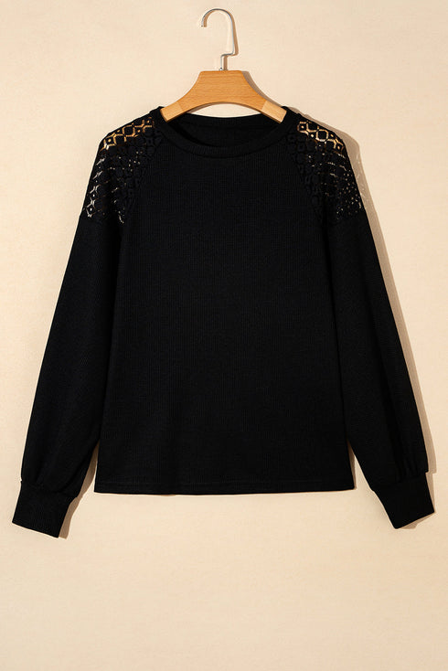Lace Trim Waffle Knit Long Sleeve Relaxed Pullover