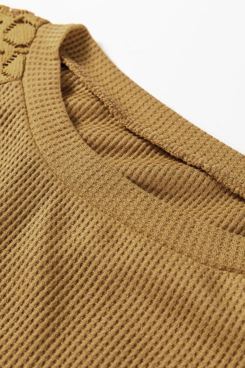 Lace Trim Waffle Knit Long Sleeve Relaxed Pullover