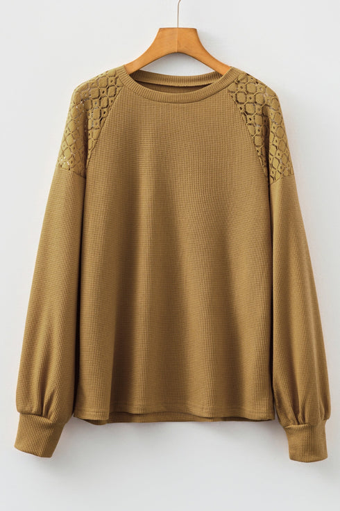 Lace Trim Waffle Knit Long Sleeve Relaxed Pullover