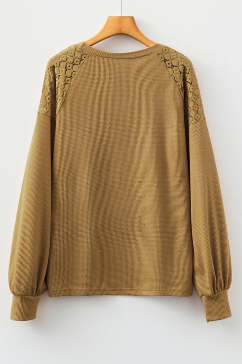 Lace Trim Waffle Knit Long Sleeve Relaxed Pullover